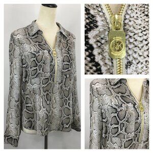 MICHAEL KORS Taupe Black White Snake Print Logo Zip Blouse Shirt